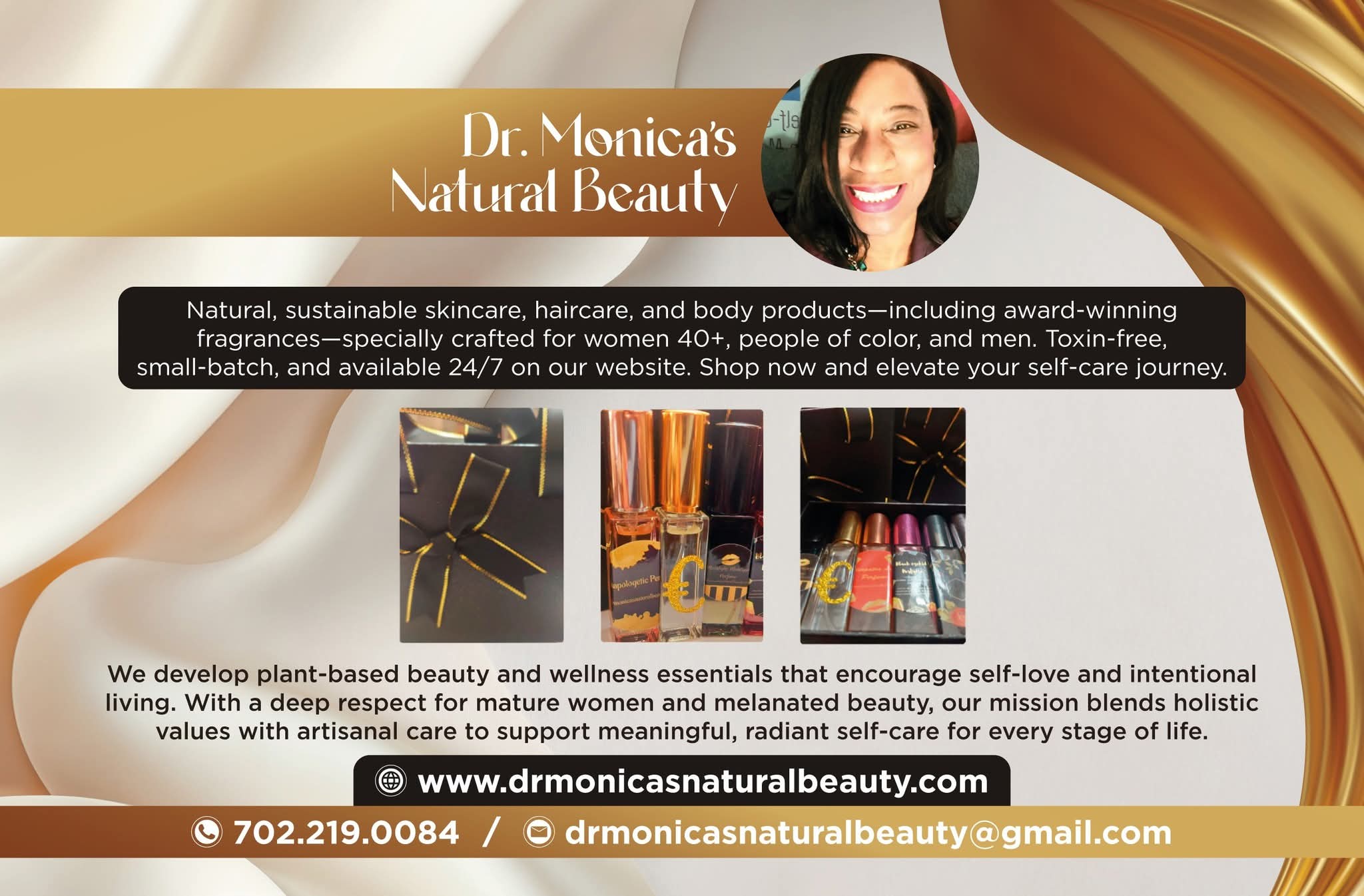 Banner for Dr. Monica's Natural Beauty featuring skincare products and a smiling woman, with contact information and website.