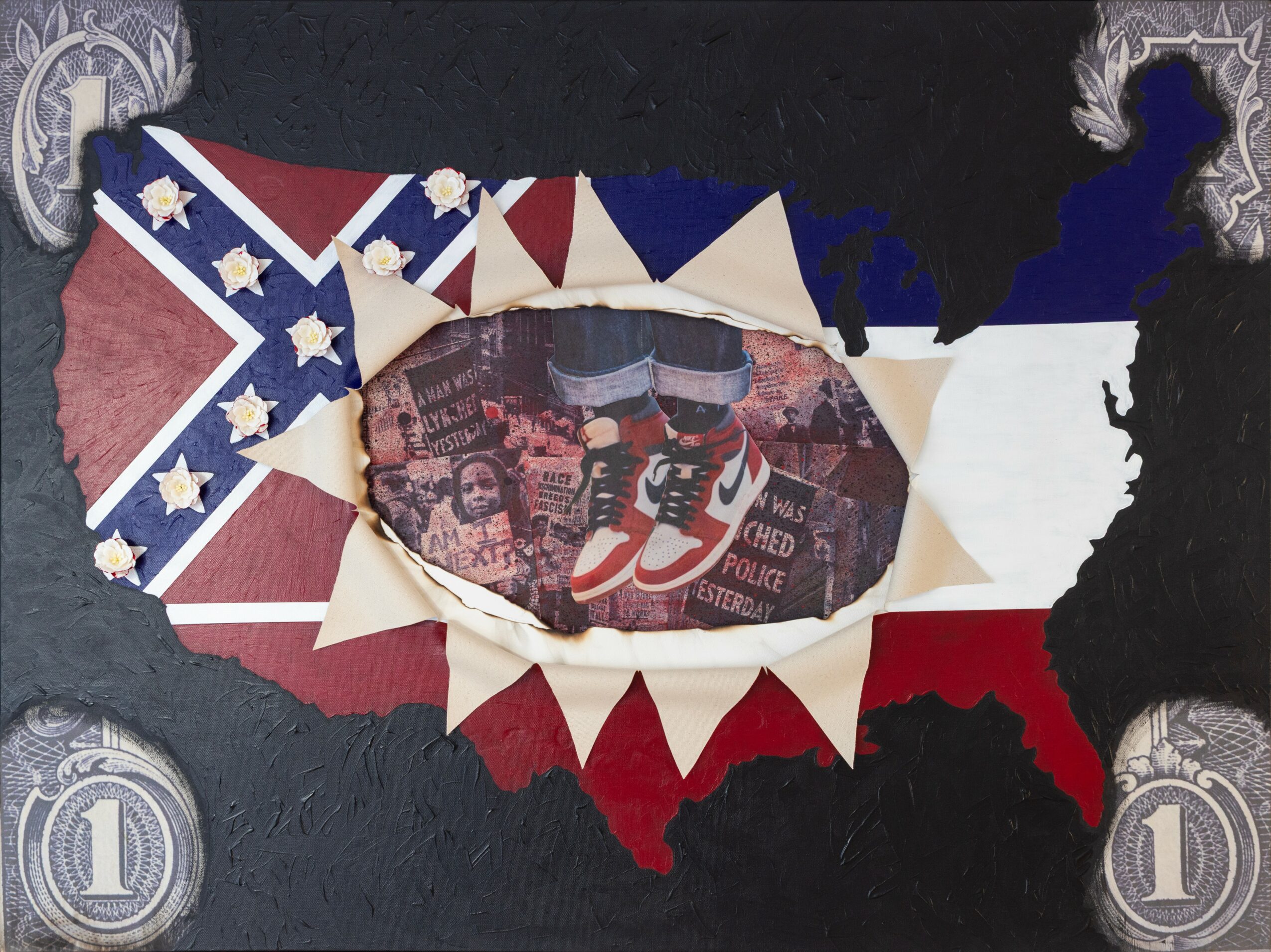 Collage of a map of the United States with a sneaker and various images inside, decorated with stars and stripes, and coins.