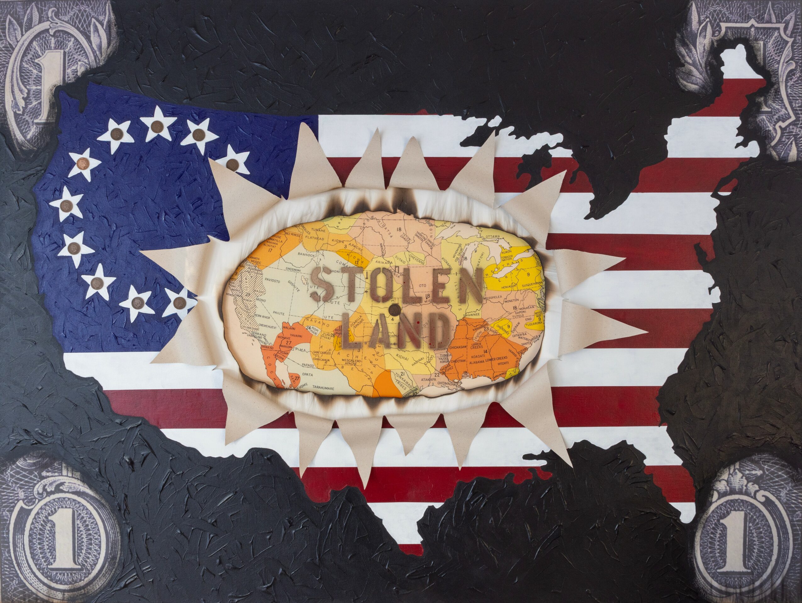 Map of the United States with a torn hole revealing a sign that says 'Stolen Land'.
