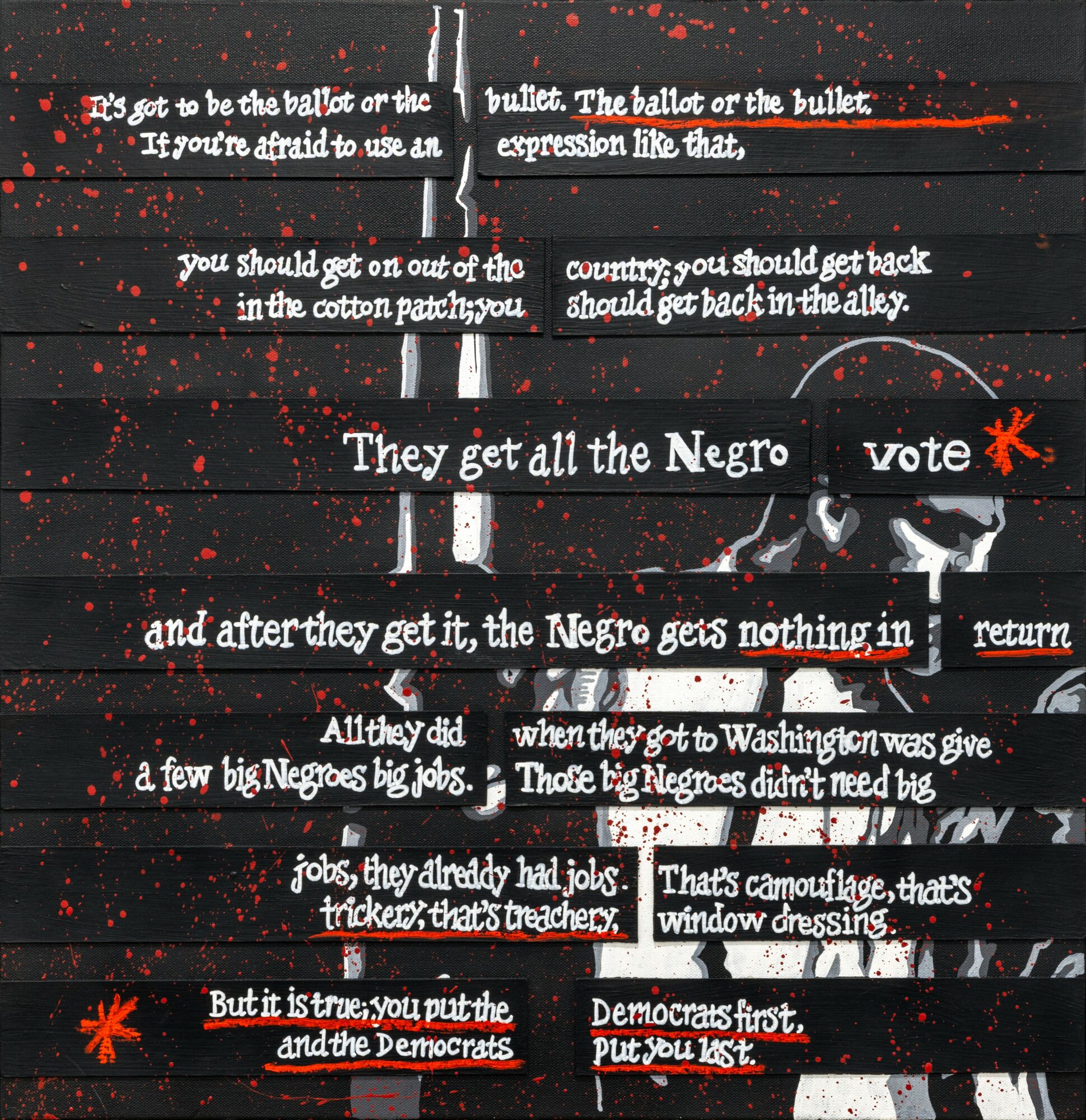 A black background with white and red text discussing politics, voting, and race, with some red asterisks and a silhouette of a person.