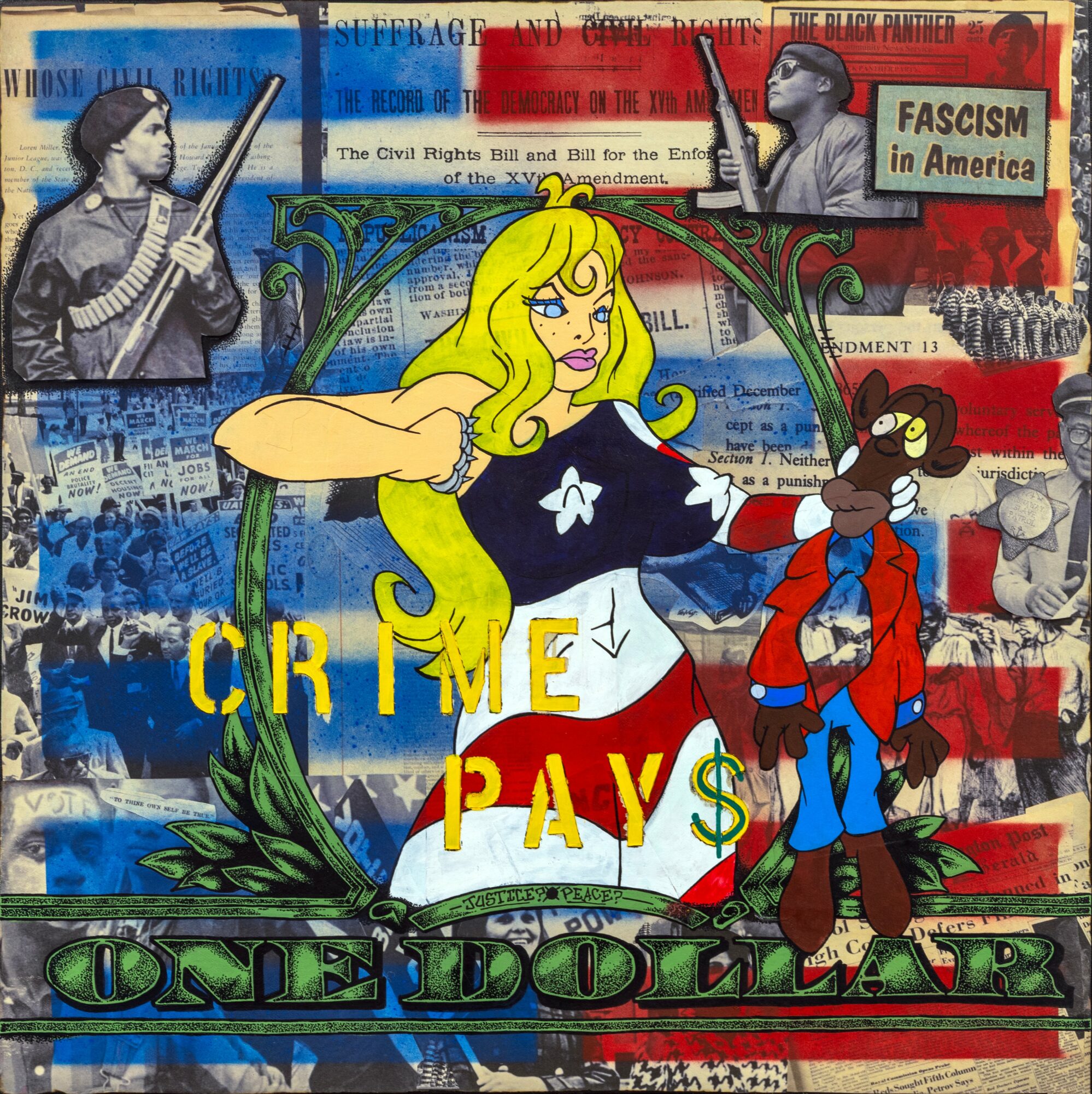 Cartoon woman with long blonde hair and a black and white dress, holding a small cartoon bear, with collage background.