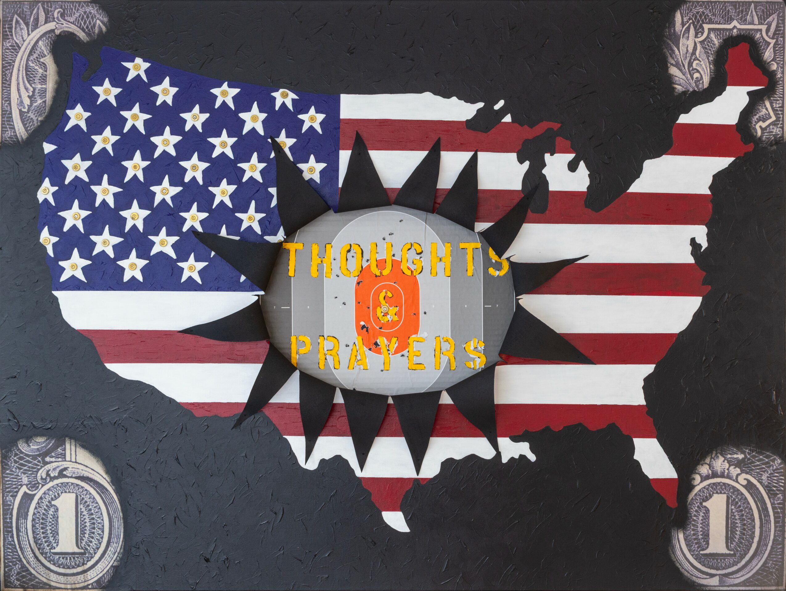 Map of the United States with a flag pattern, a sun with text, and dollar signs in corners.