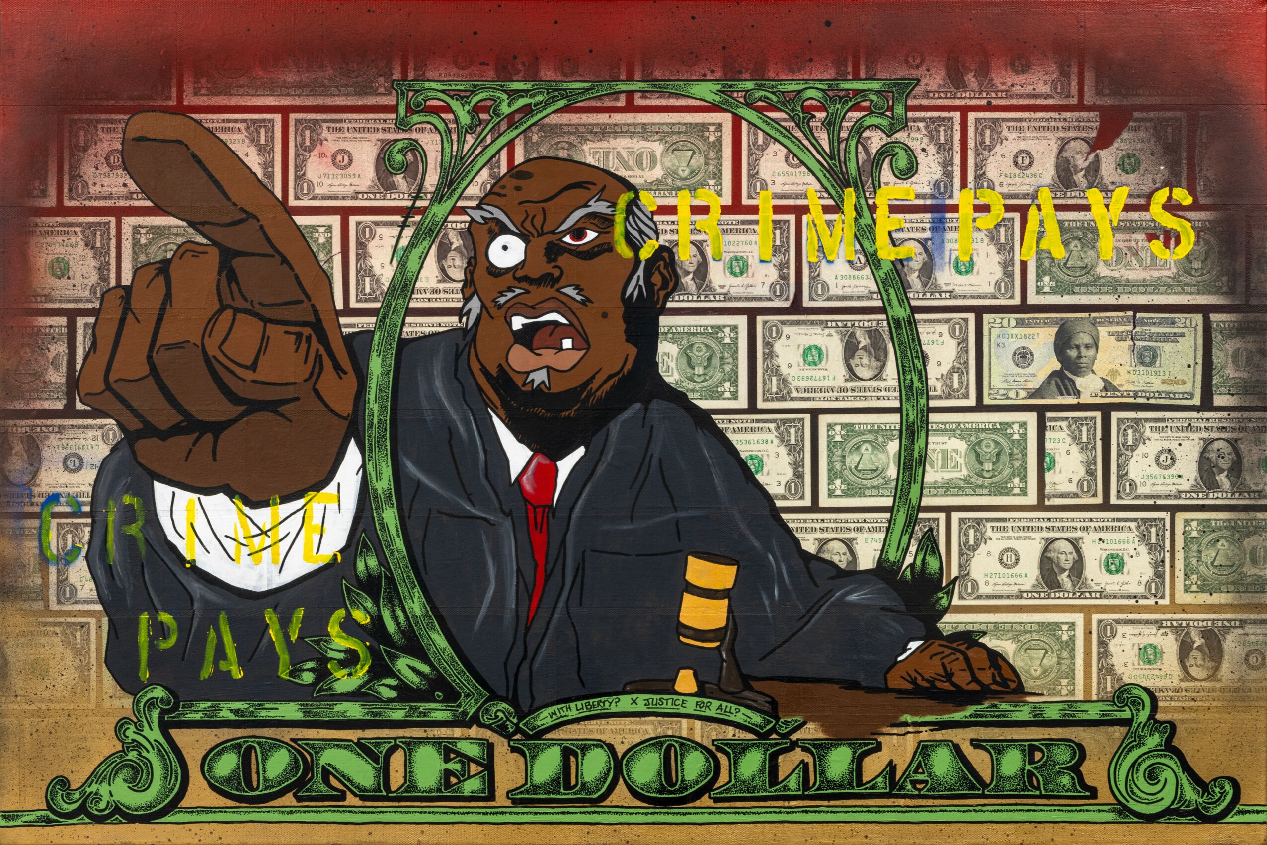 A cartoon character with headphones, pointing, in front of a dollar bill background, with text 'HINEPAY'S' and 'ONE DOLLAR'.
