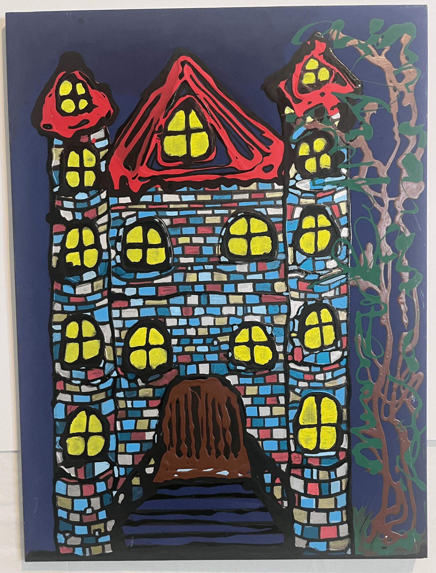Colorful drawing of a castle with multiple windows, a person with brown hair in front, and a tree on the right.