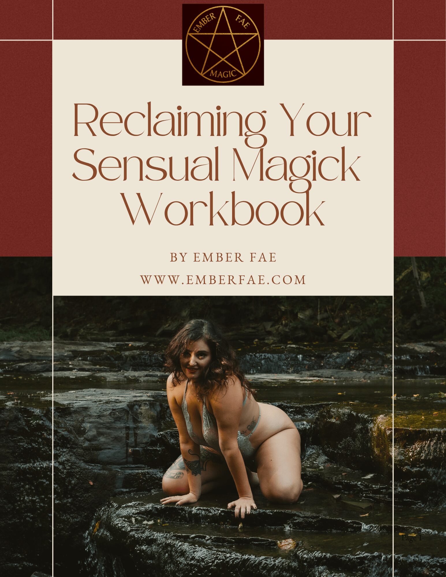 A woman kneels on rocks in a river, with a book cover above her. The cover has text and a pentagram symbol.