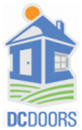Logo of a blue house with a sun, green grass, and the text 'DC DOORS' below.