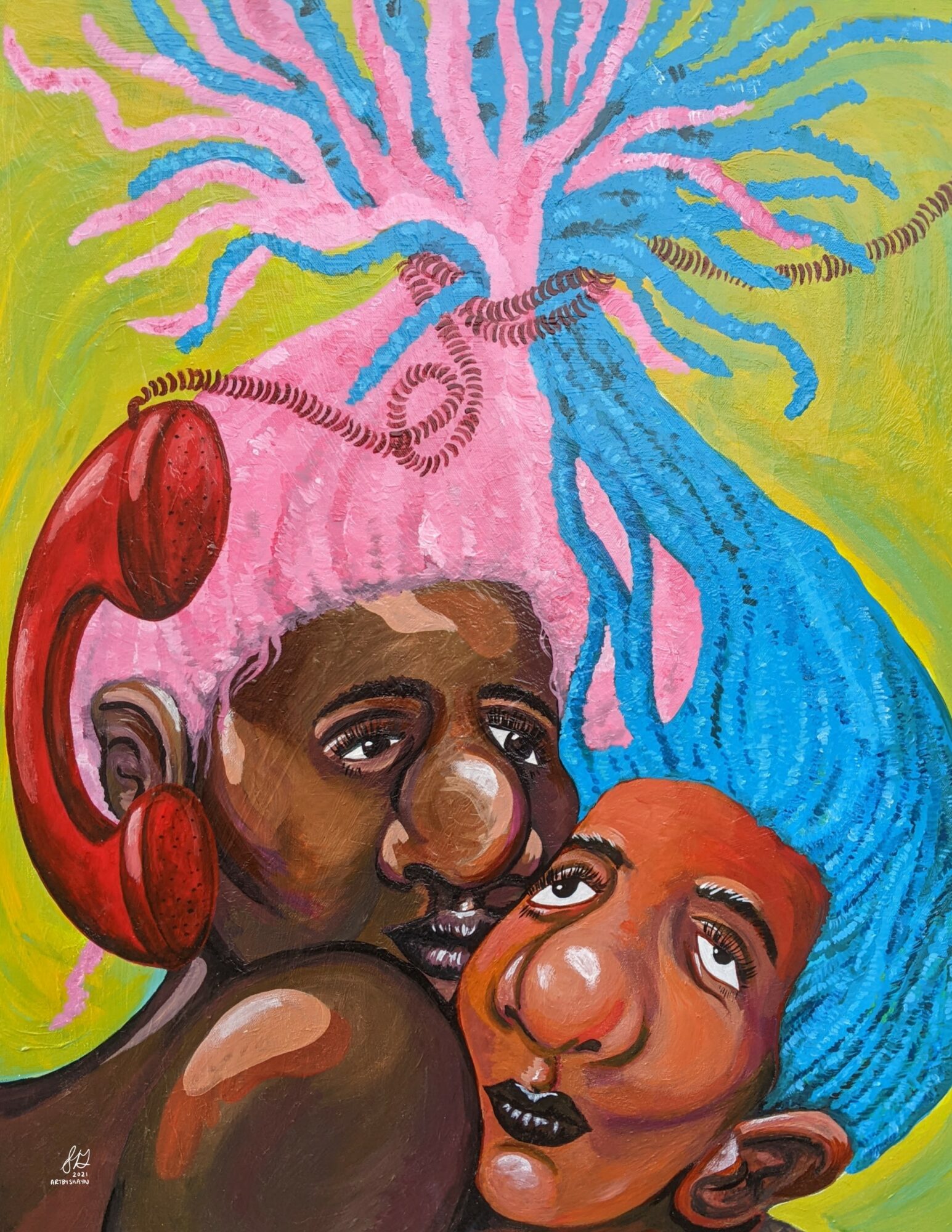 Two people with exaggerated facial features and colorful hair, one with pink and blue hair, against a green background.