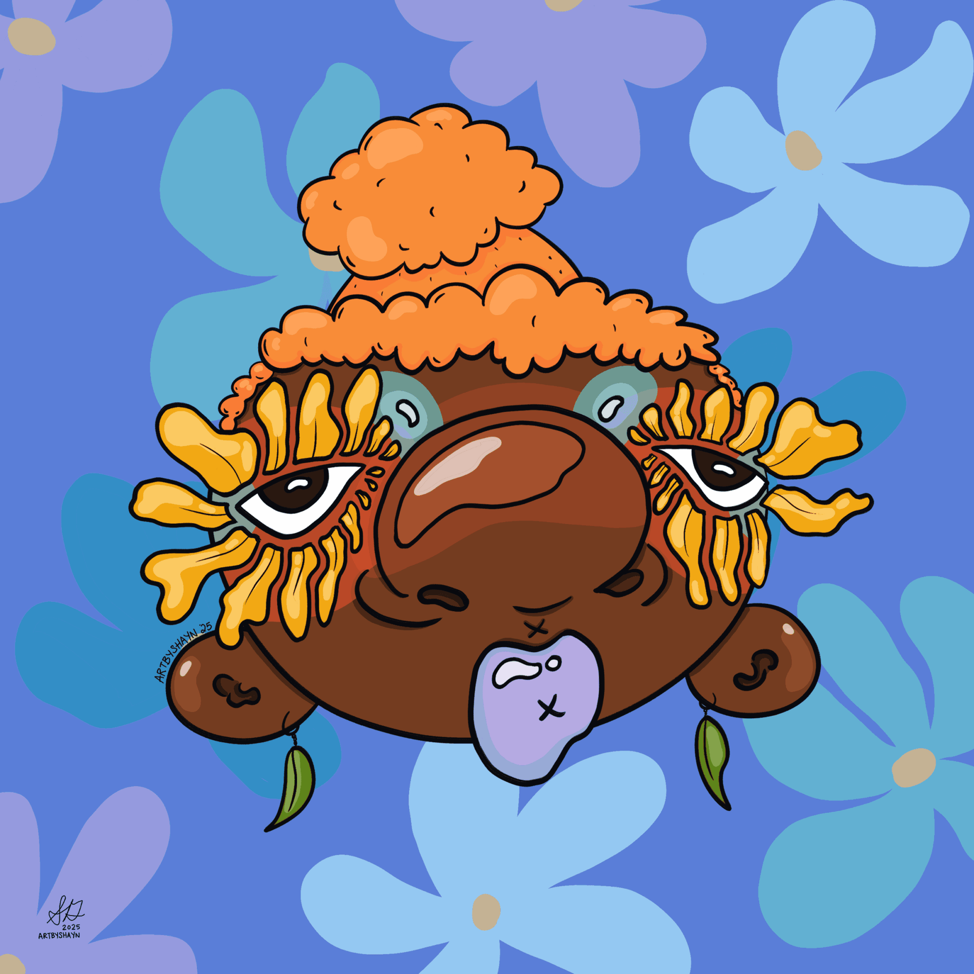 Cartoon character with large eyes, orange fluffy hair, and a purple tongue, set against a blue floral background.