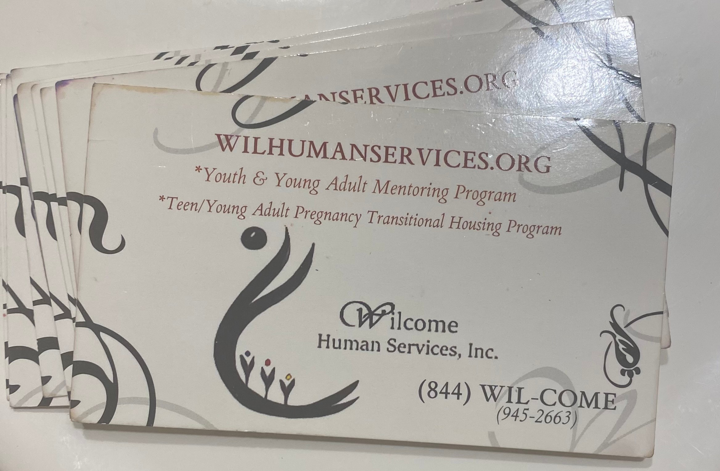 Stack of business cards for Wilhumanservices.org and Welcome Human Services, Inc., with contact information and program details.