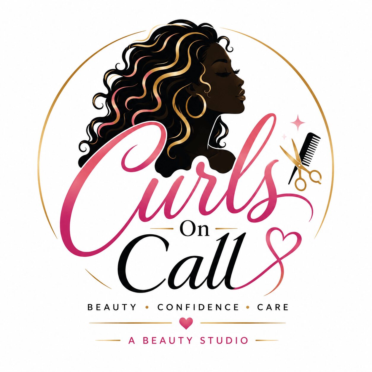 Silhouette of a woman with curly hair, gold hoop earrings, and the text 'Curls On Call' with a heart, scissors, and comb.