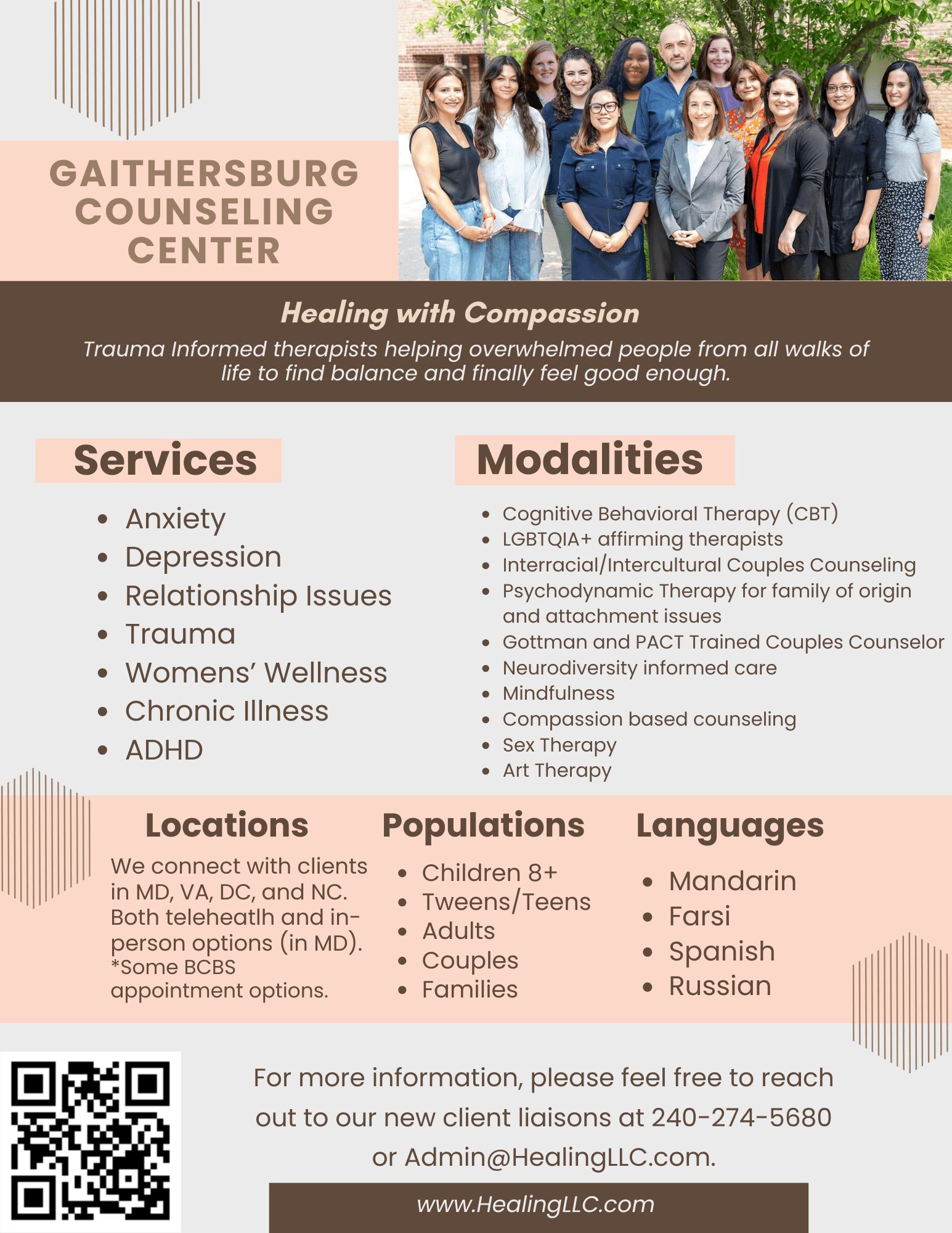 Group of people standing outdoors, smiling, with trees in background, promoting Gaithersburg Counseling Center services and modalities.