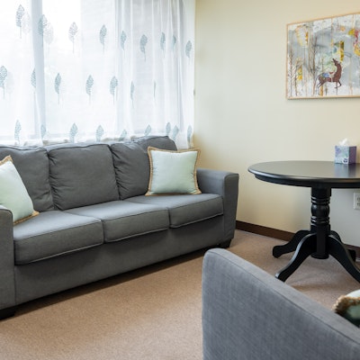 Living room with a gray sofa, light-colored pillows, a round black table, and a painting on the wall.