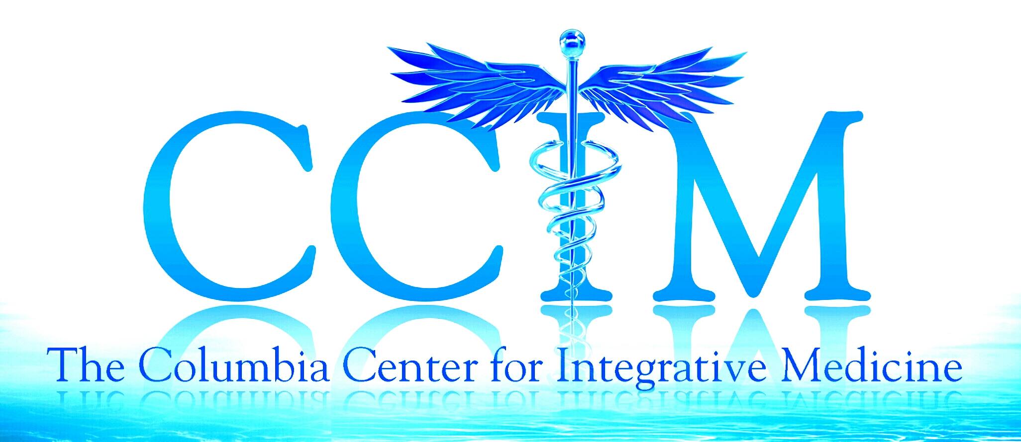 Logo with blue caduceus symbol and text for Columbia Center for Integrative Medicine