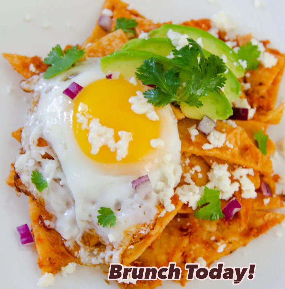 Fried tortilla with a fried egg, avocado slices, cilantro, cheese, and chopped onions on top.