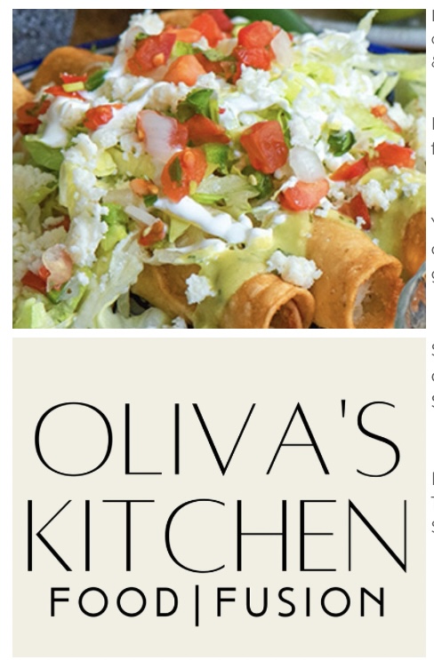 Salad with lettuce, vegetables, and fried rolls, with text 'Oliva's Kitchen Food Fusion' below.