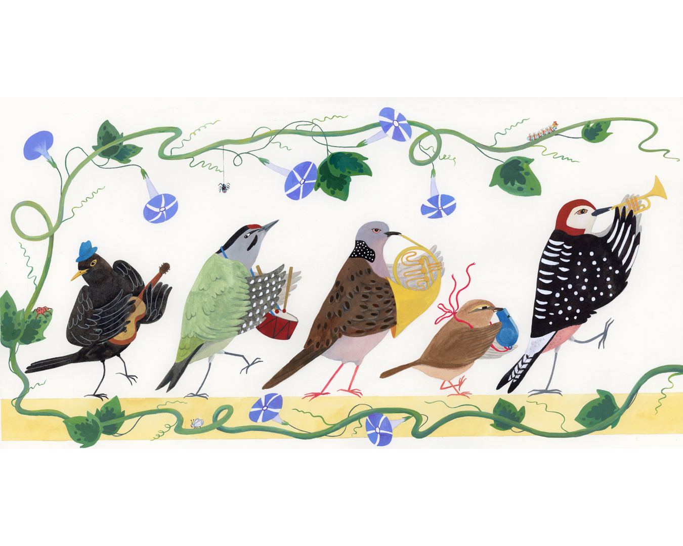 Five birds perched on a vine with blue flowers and green leaves, some with colorful markings and accessories.