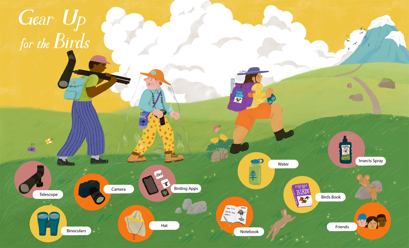 Colorful illustration of birds with people in a landscape, with labeled items like telescope, camera, binoculars, and books.