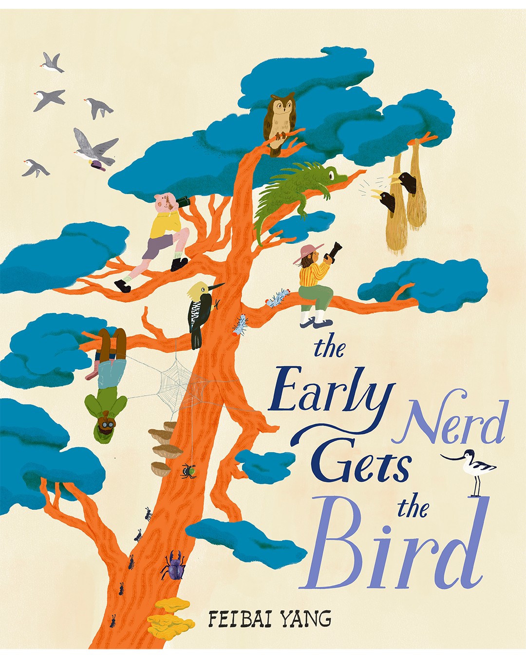 Illustration of a large tree with children and birds, some children reading and playing, blue clouds, and flying birds, with the title and author's name.