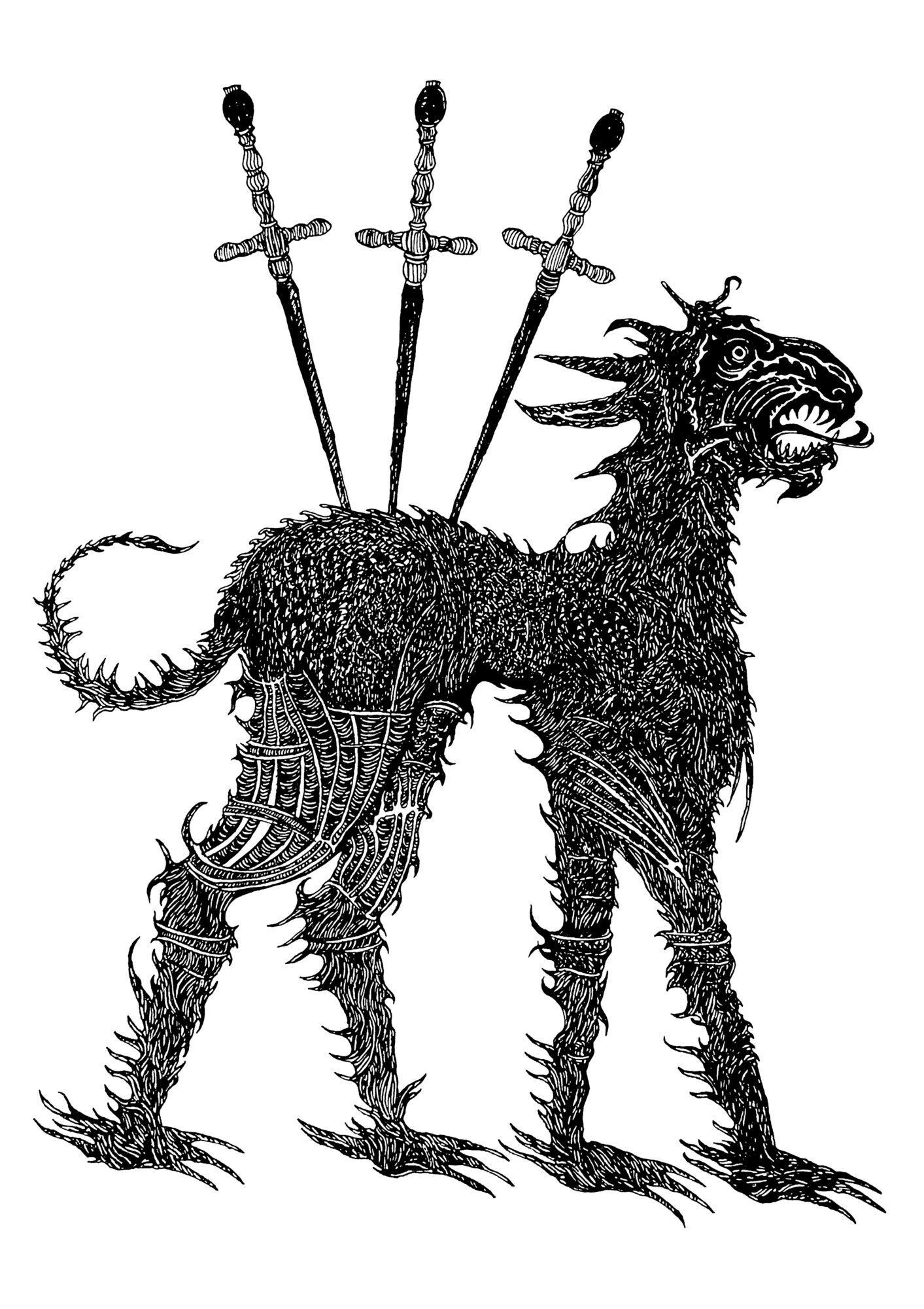 A mythical creature with the body of a lion, head of a wolf, and three swords embedded in its back.
