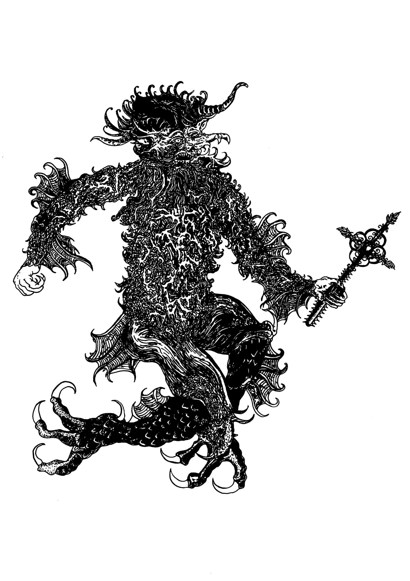 A detailed black and white illustration of a mythical creature with a dragon-like body, holding a sword, with a humanoid upper body and a dragon tail.