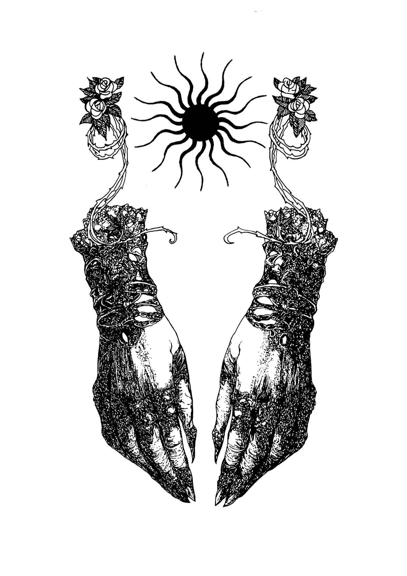 Two hands with detailed patterns and faces, a sun with rays above, and two flowers on top, all in black and white.