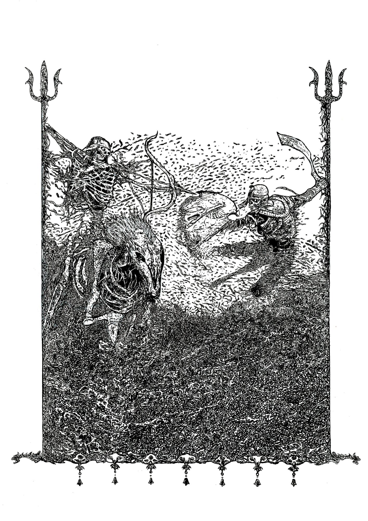 Two skeletons with weapons face each other behind a fence, with a dark, textured background.