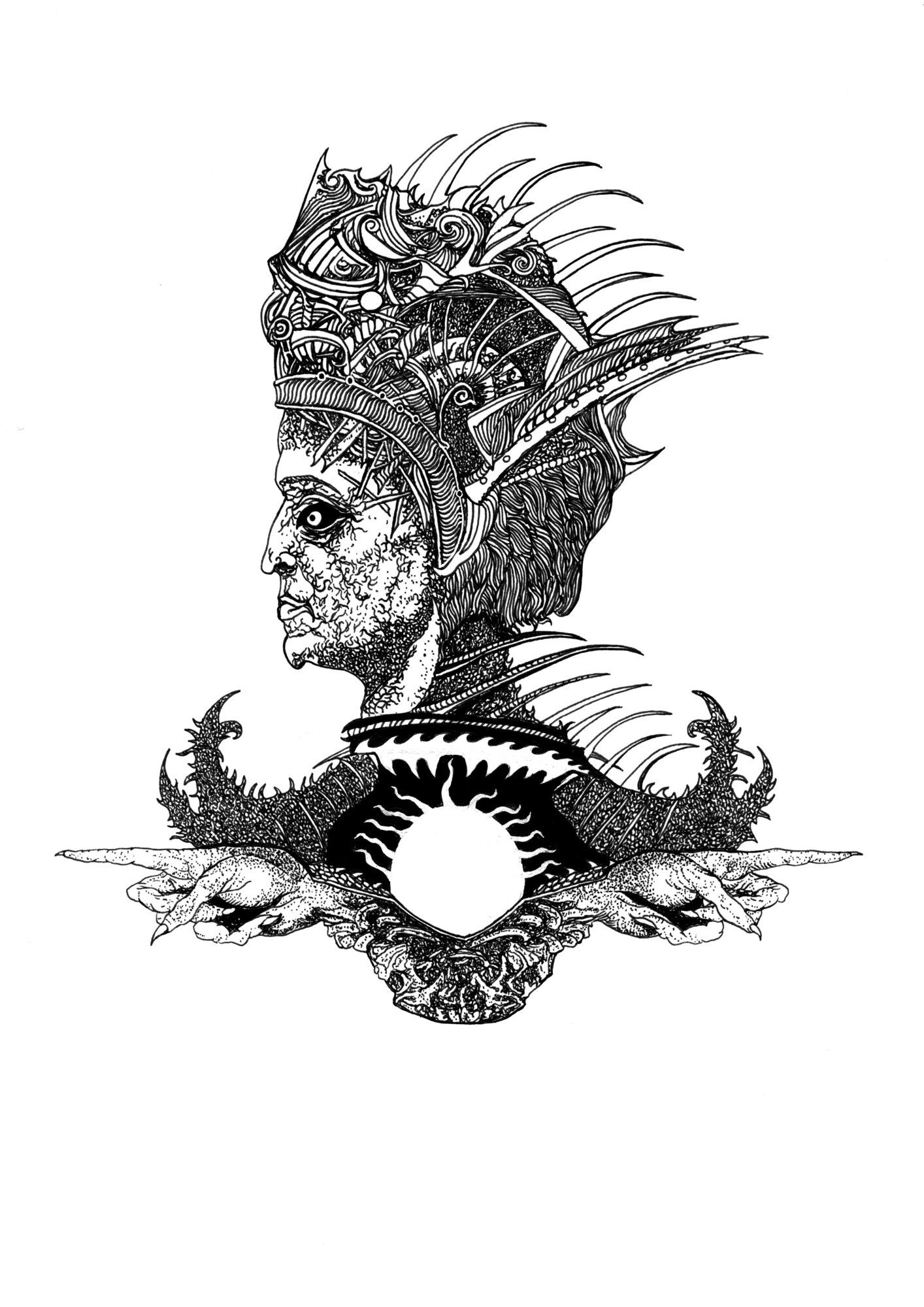 A detailed black and white illustration of a person's profile with an elaborate headdress and decorative elements.