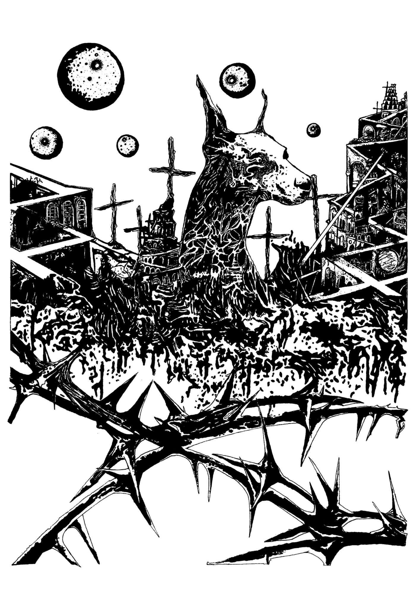 A surreal black and white illustration featuring a large creature with a long neck and head, surrounded by crosses, buildings, and floating spheres.