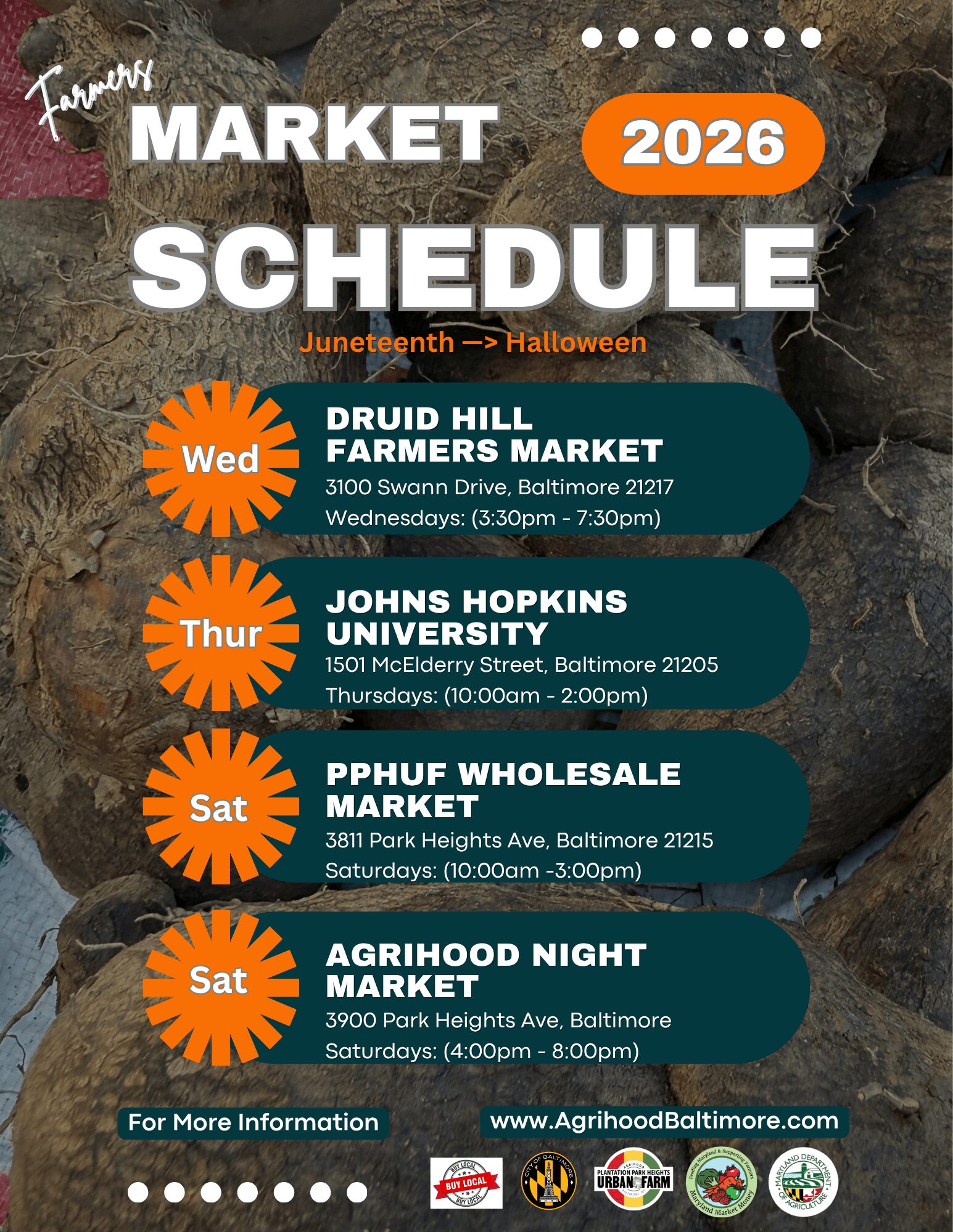 Schedule of Baltimore market events for June 2026, including farmers market, university, wholesale, and night market, with days and times.