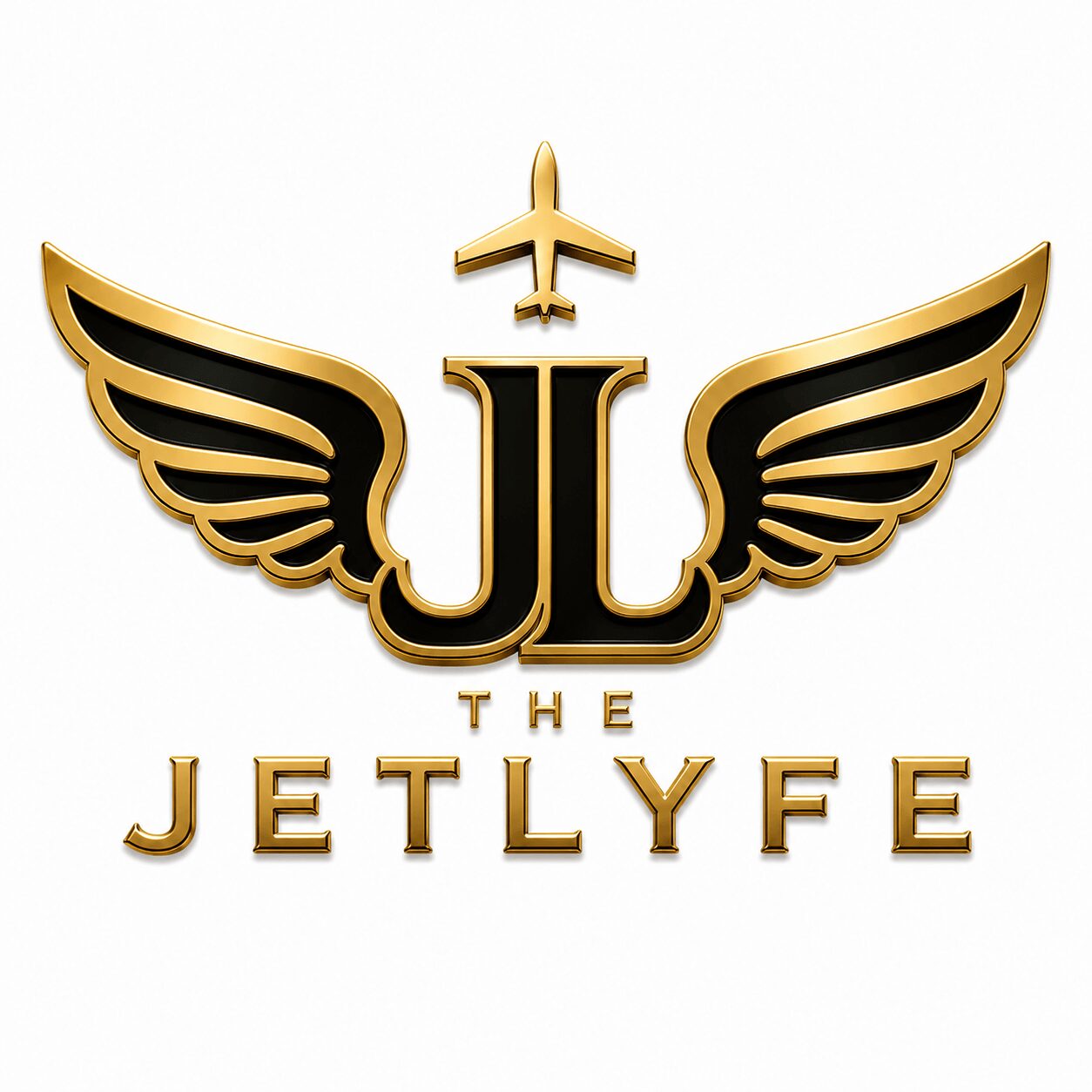 Logo with gold wings, a jet symbol, and the text 'The Jetlyfe' in gold letters.
