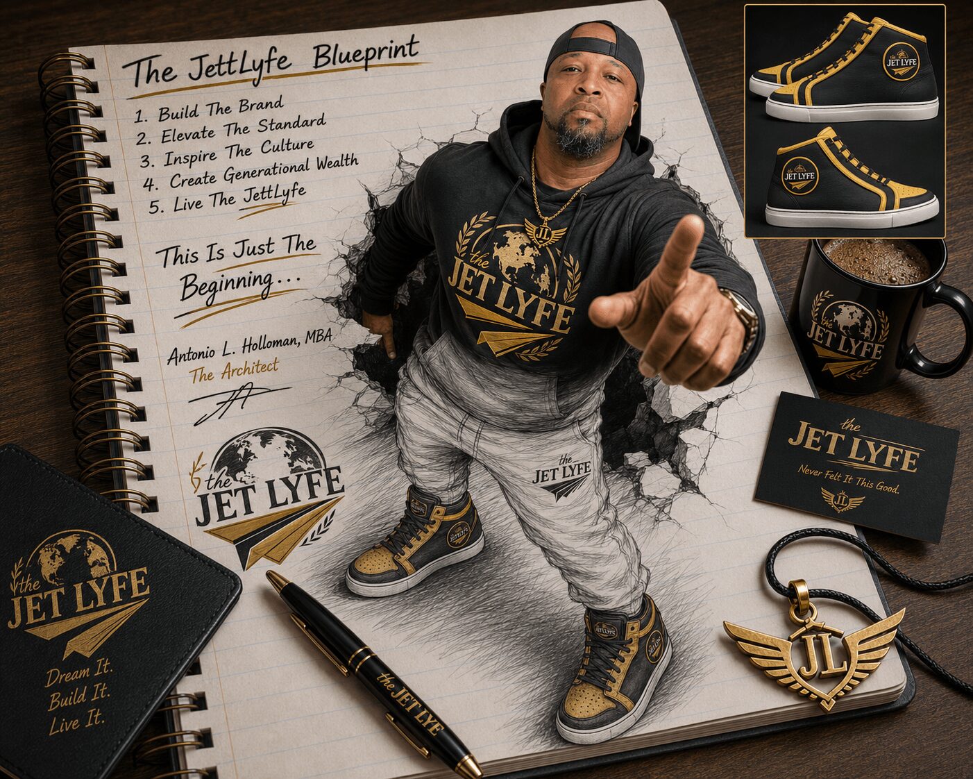 Man in black and gray clothing with gold accents, standing on a notebook with Jet Lyfe branding, surrounded by shoes, mug, and keychain.
