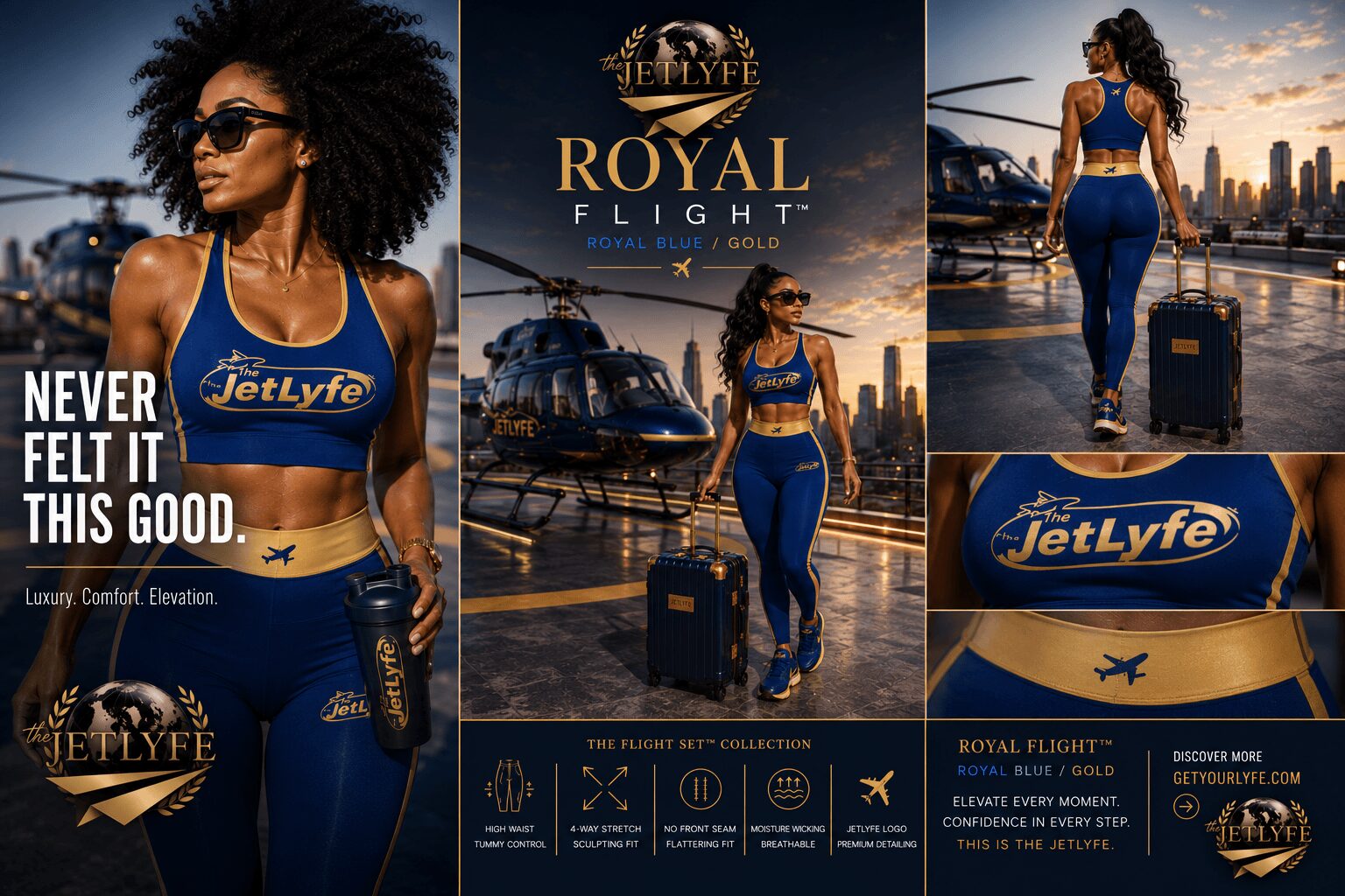 Woman in blue JetLyfe outfit with sunglasses, standing outdoors with city skyline and helicopter in background.