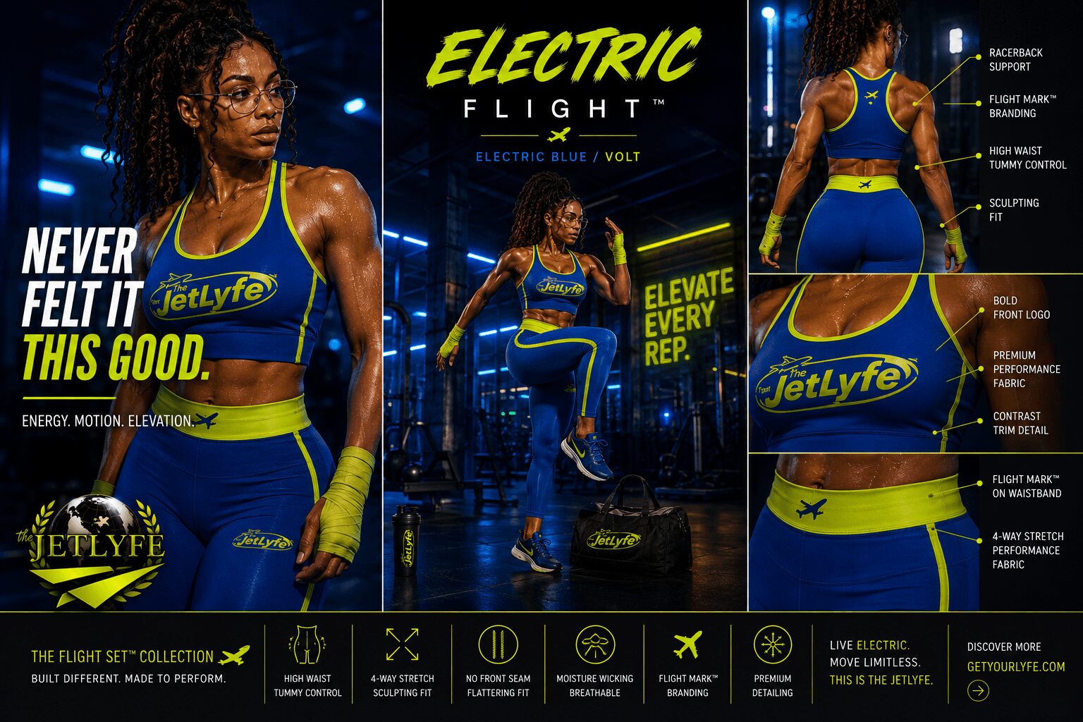 Three images of a woman in a blue and yellow sports outfit, with text about electric flight and JetLyfe, fitness, and energy.