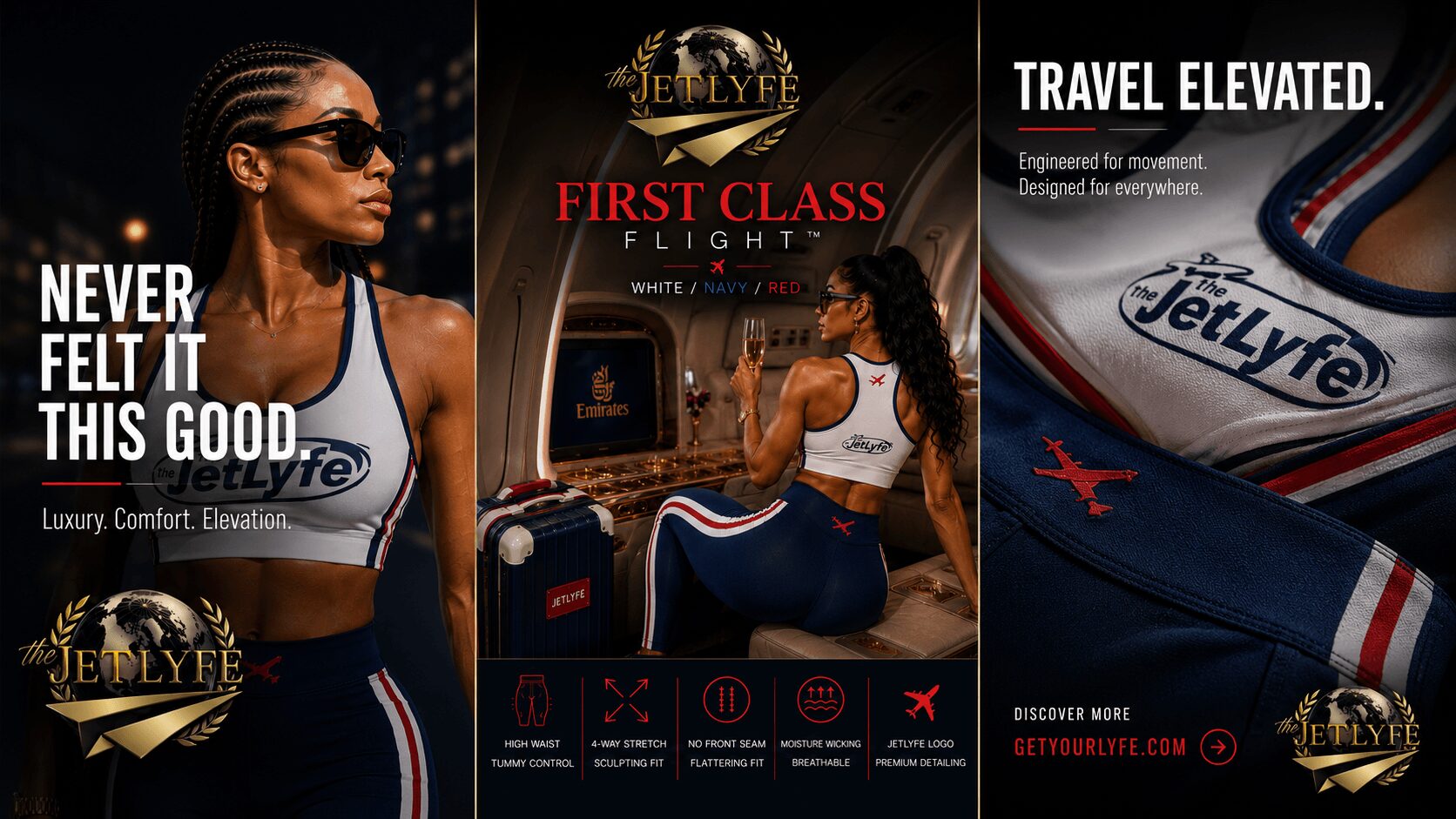 Three images: woman in sunglasses, woman in airplane seat, close-up of JetLyfe logo on shoe, with text about comfort and travel.