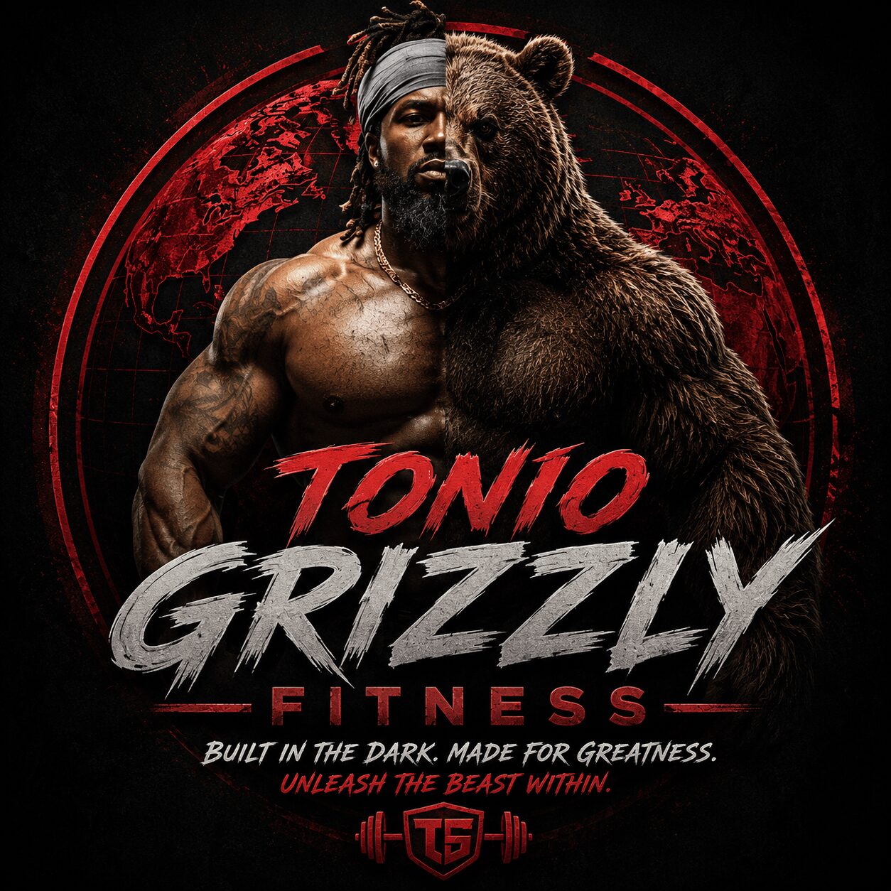 A muscular man with a bear, both with serious expressions, against a dark red background with text about fitness and greatness.