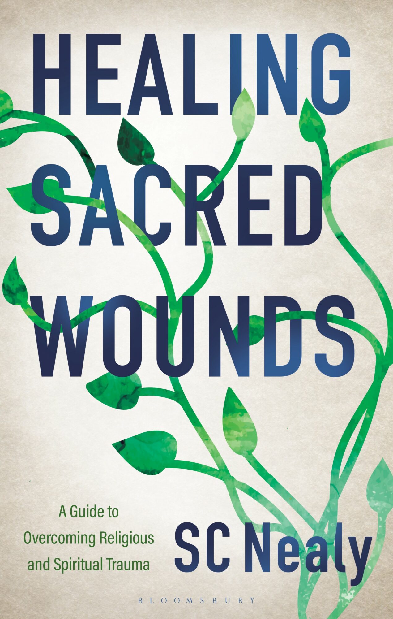 Book cover titled 'Healing Sacred Wounds' with green plant illustrations and subtitle about overcoming trauma.