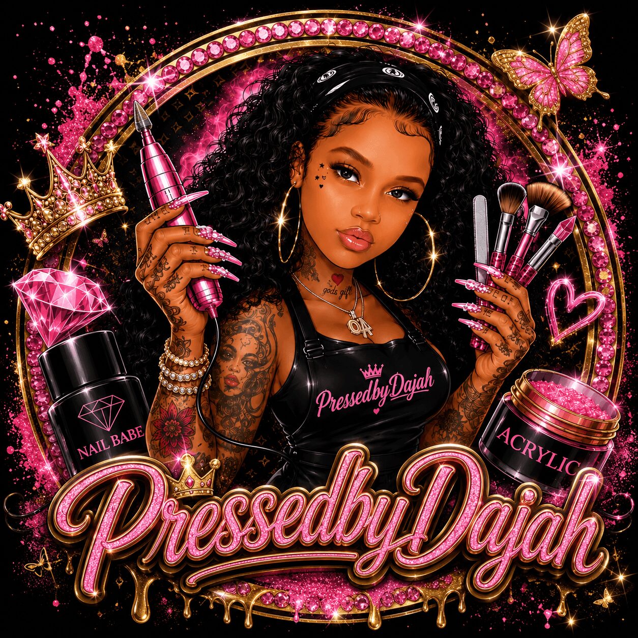 Young woman with curly hair holding a pink nail drill and makeup brushes, surrounded by pink and gold decorative elements.