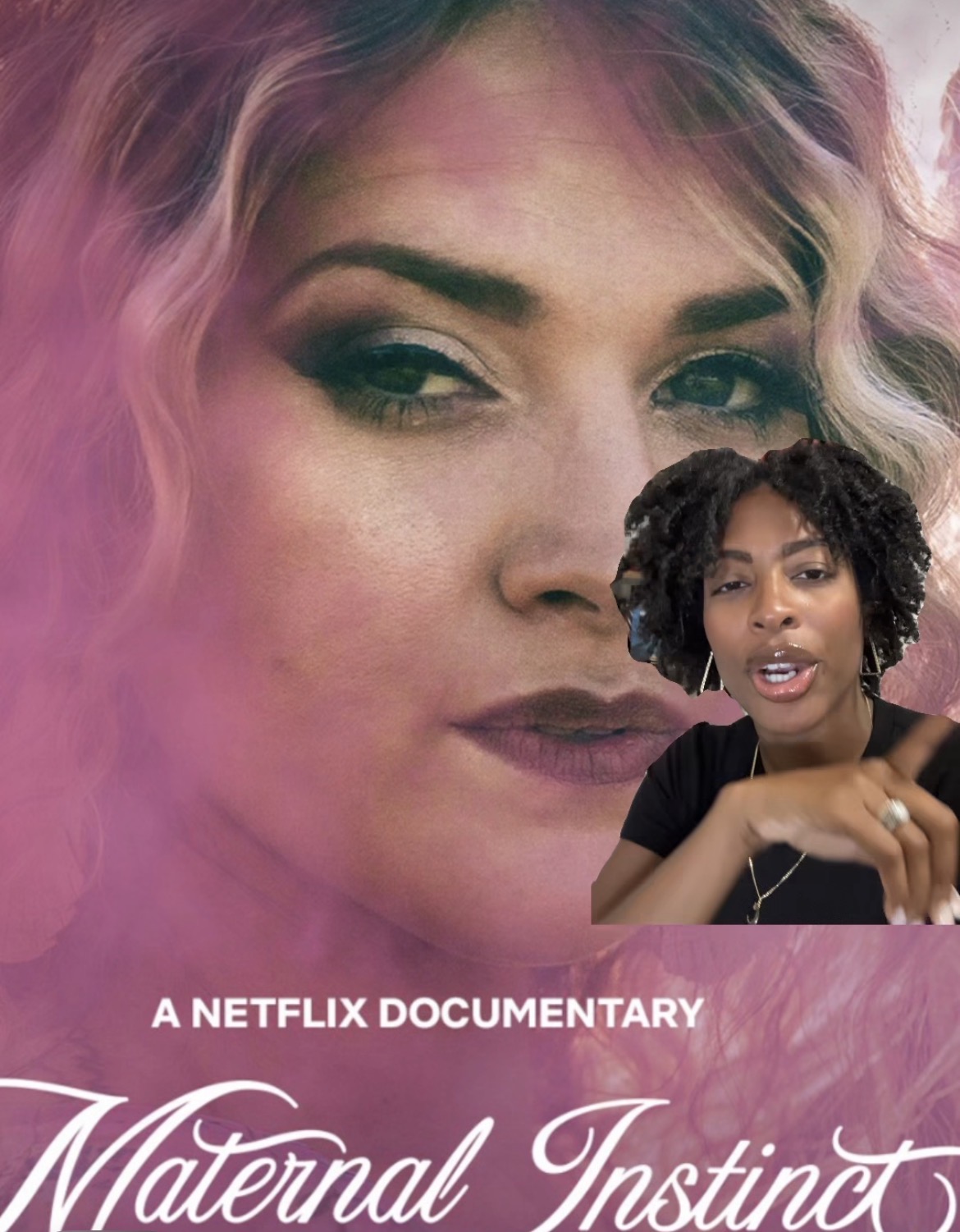 Close-up of a woman's face with makeup, and a woman with curly hair speaking, against a pink background.