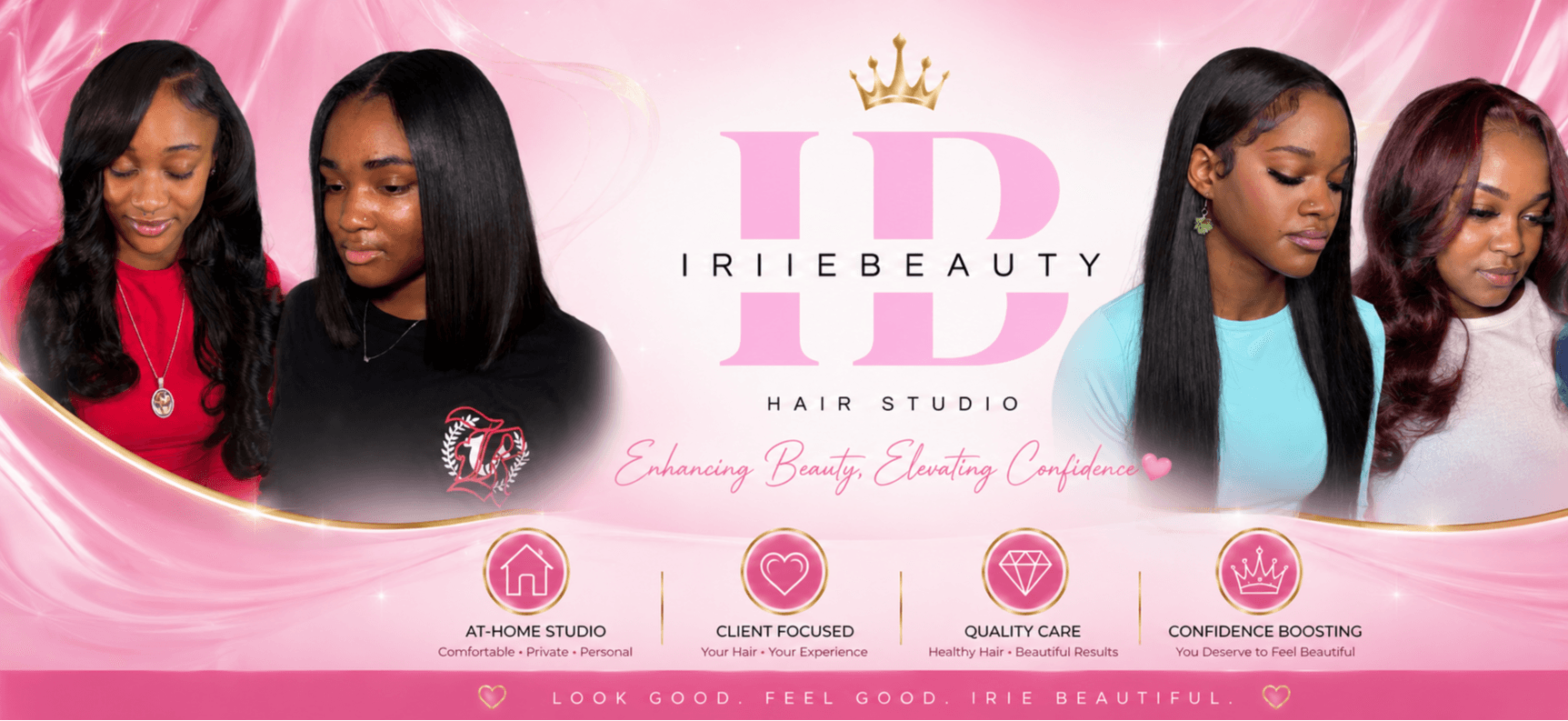 Four women with long, straight hair pose against a pink background with a logo and text for a beauty salon.