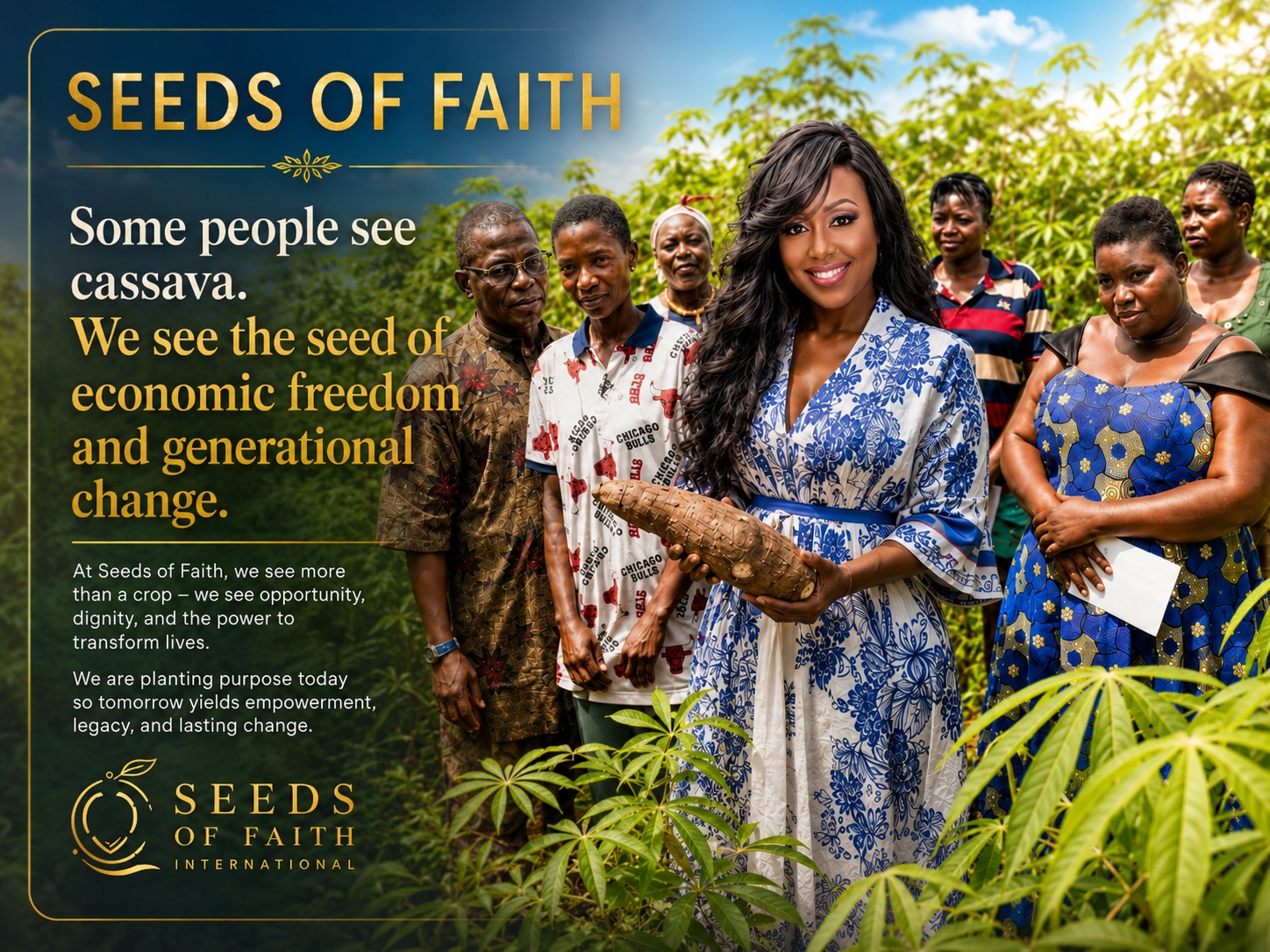 Group of women outdoors with a woman holding a cassava root, surrounded by plants and trees, smiling and looking at the camera.