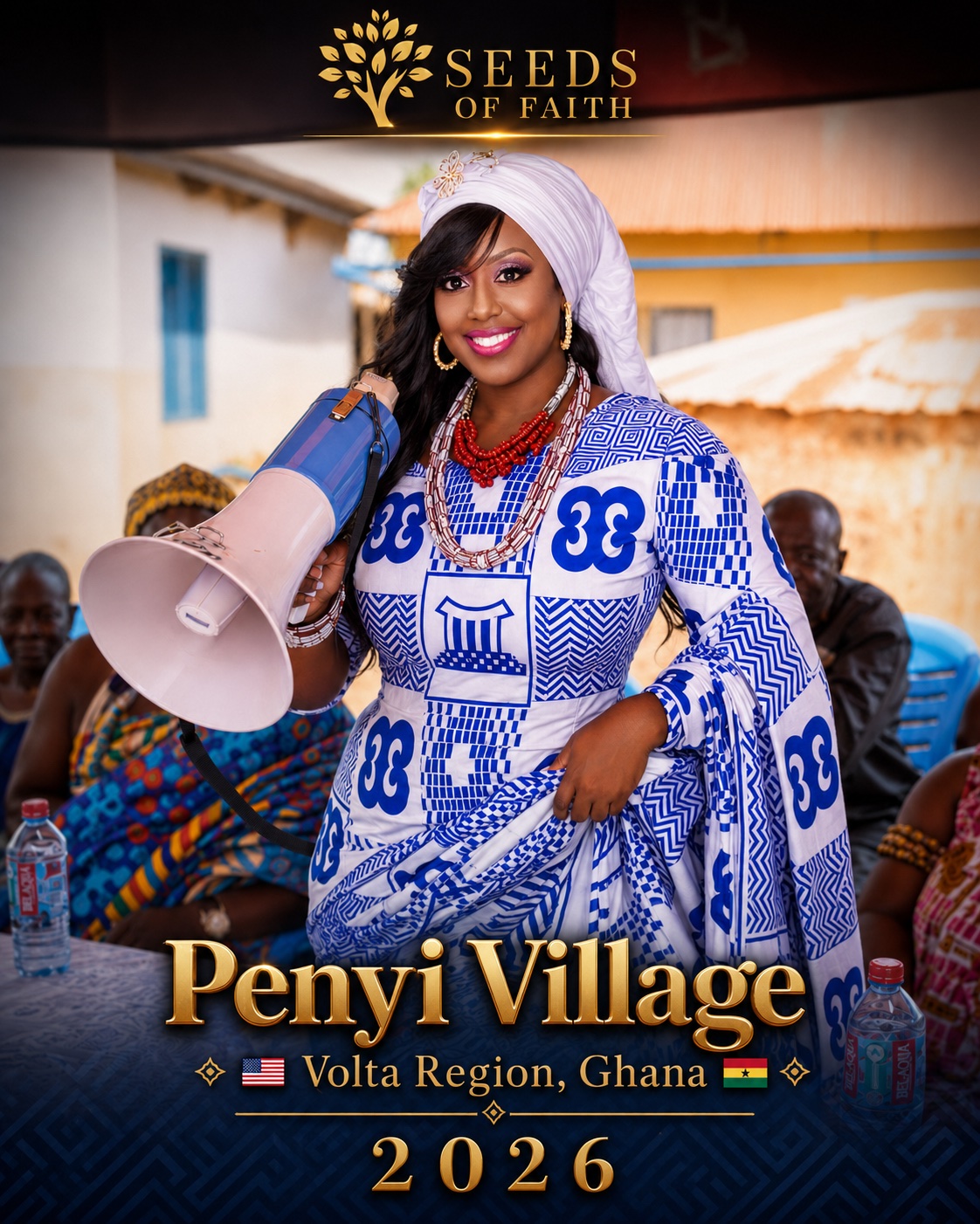 Woman in traditional blue and white attire holding a megaphone, smiling, with seated people in the background, event banner above.