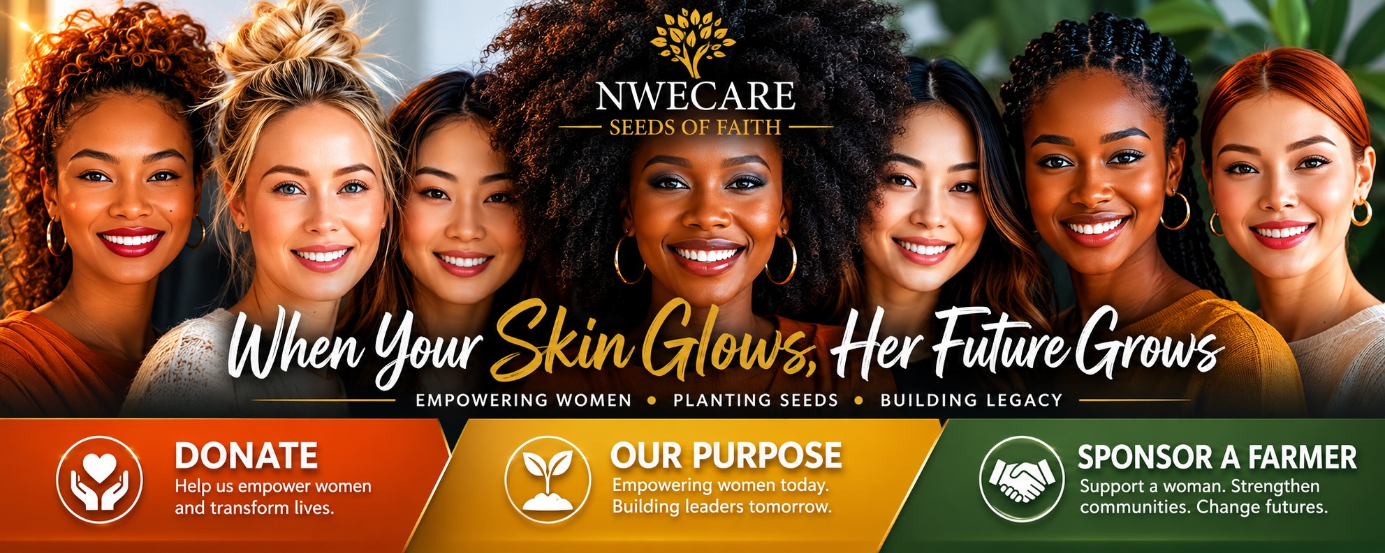 Group of diverse smiling women with text about skincare and empowerment, logo at top, and call-to-action buttons at bottom.
