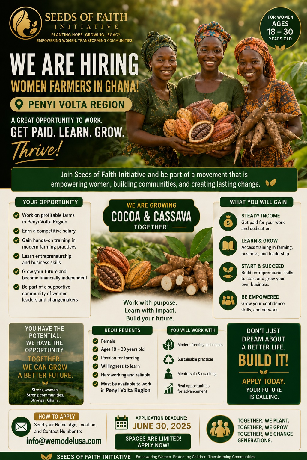 Poster announcing job openings for women farmers in Ghana, featuring three smiling women holding produce, with information on application and benefits.