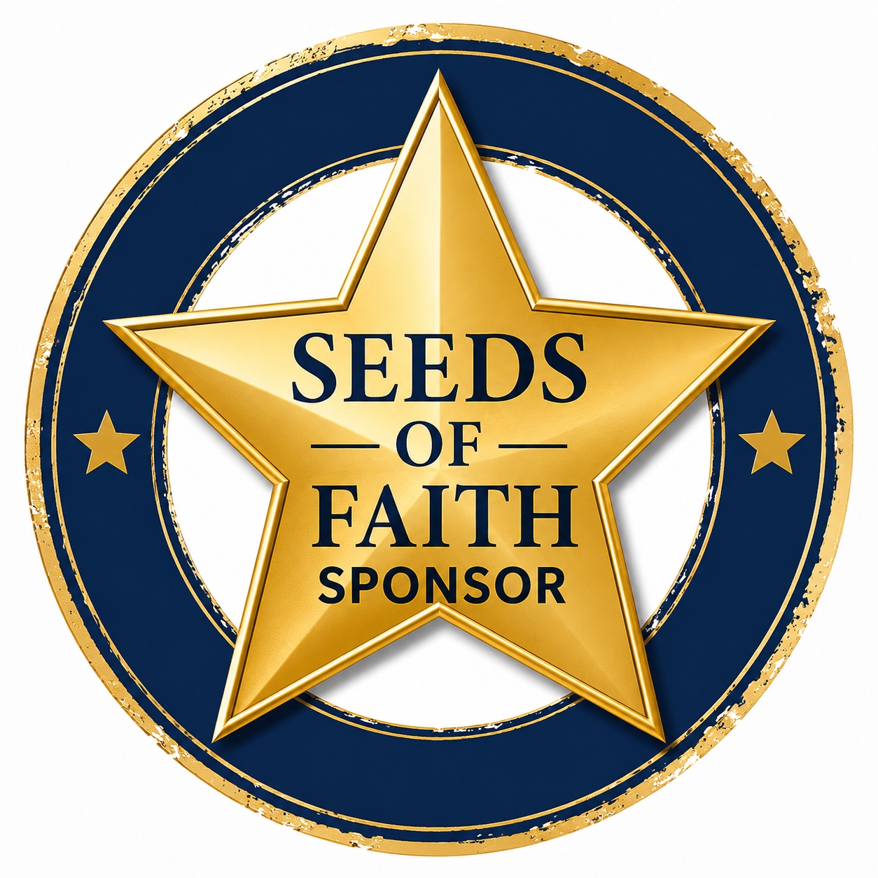 Gold star with text 'Seeds of Faith Sponsor' inside a dark blue circle, gold border, and small stars.