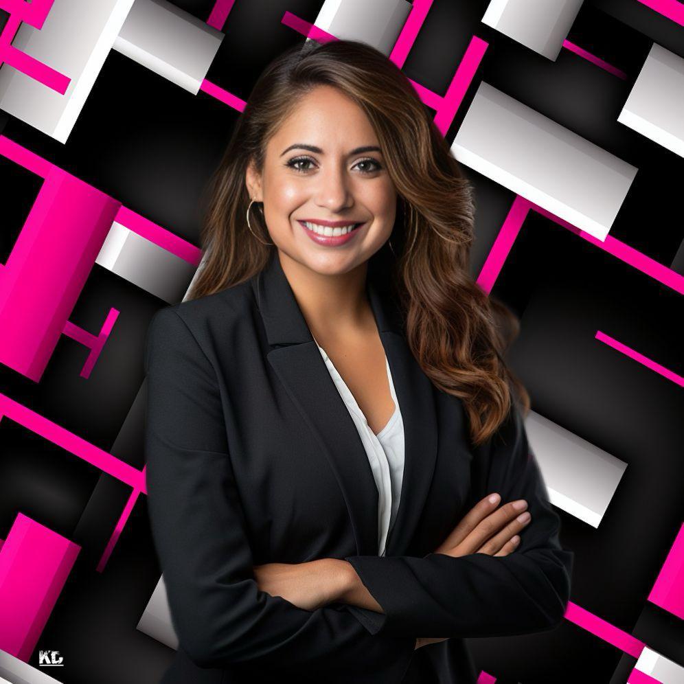 A woman with long wavy hair smiling, wearing a black blazer and white shirt, standing with arms crossed in front of a geometric background.