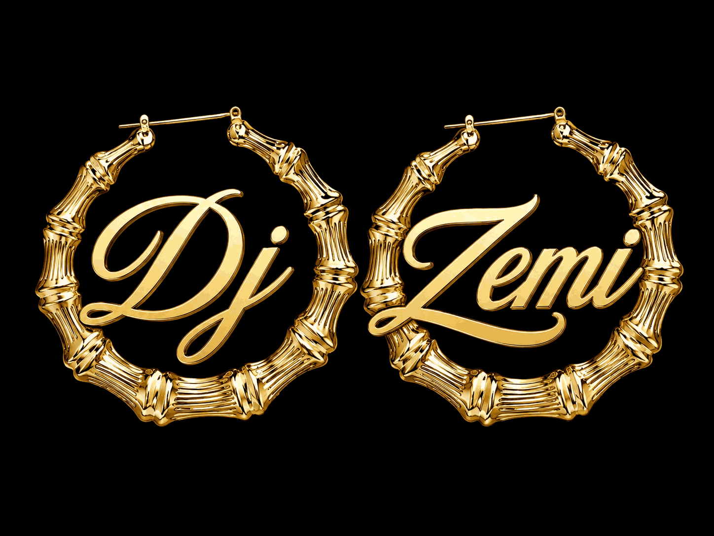 Gold hoop earrings with the words 'Dj' and 'Zemi' inside, on a black background.