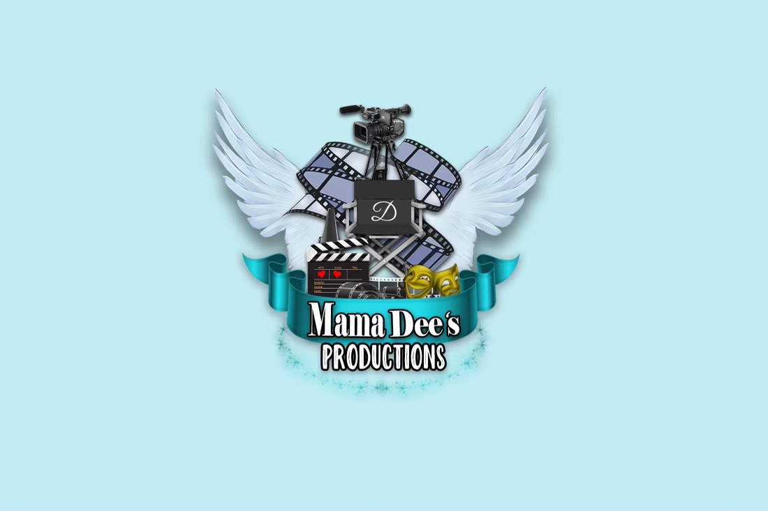 Logo with wings, film equipment, and text reading 'Mama Dee's Productions' on a light blue background.