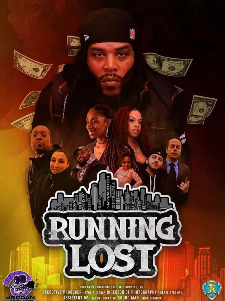 Group of people with a man in a black beanie at the top, dollar bills, and a city skyline with the text 'Running Lost'.