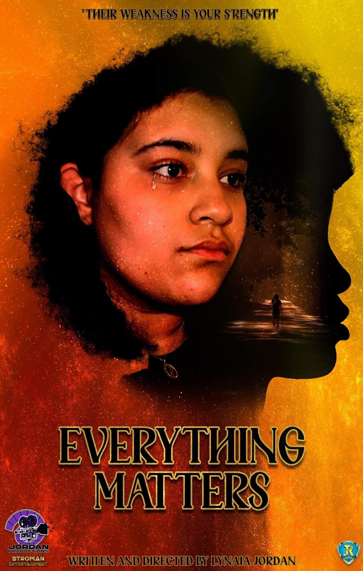 Young woman with curly hair, looking to the side, with a silhouette of a person on water in the background, and a yellow and orange gradient. Text reads 