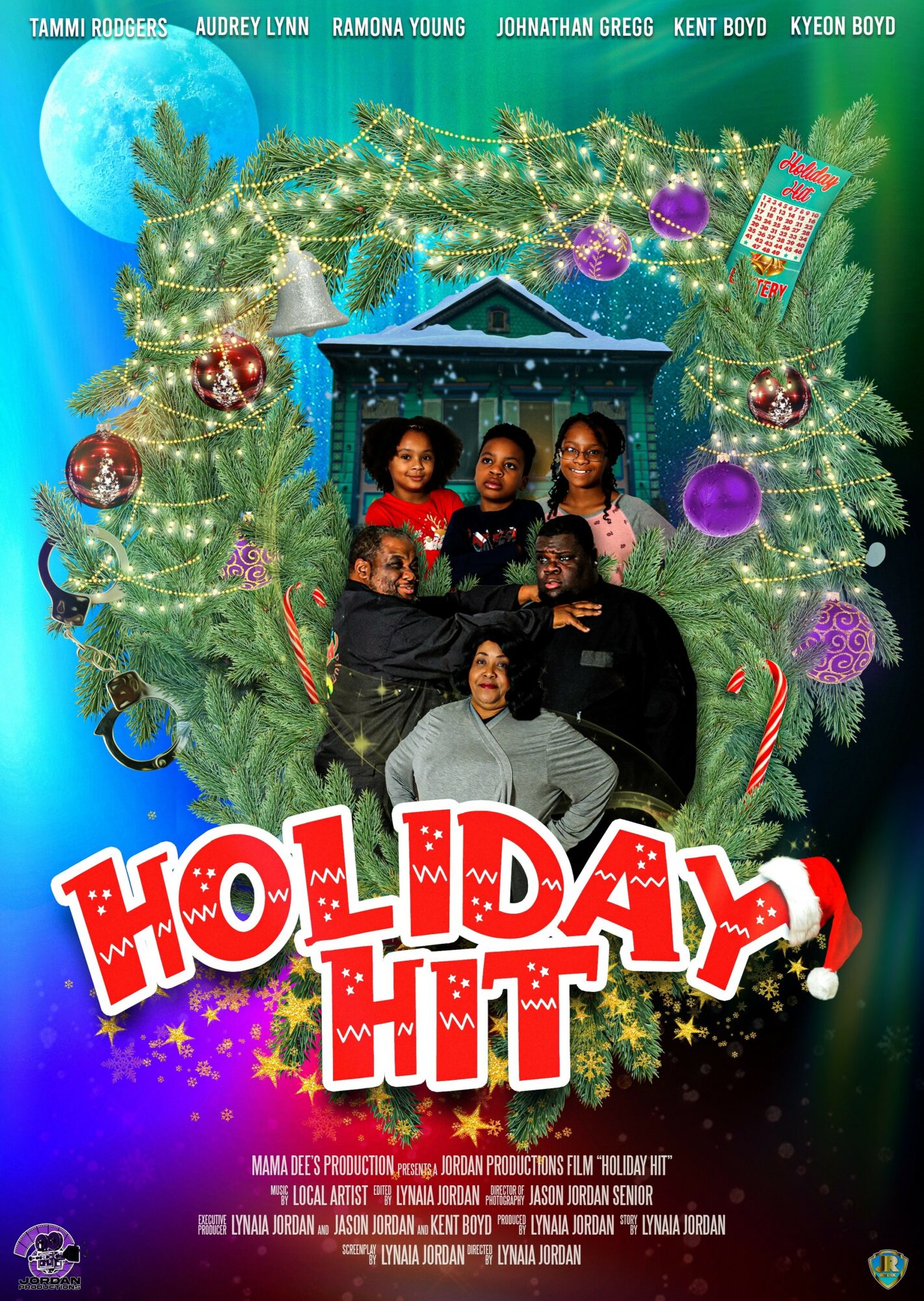 Group of five children sitting inside a Christmas wreath with ornaments and lights, holiday-themed poster for 'Holiday Hit'.